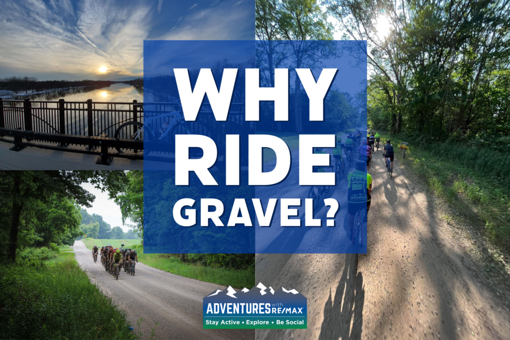 Three pictures of gravel bikes and riding. Bottom left photo from Karen Brower